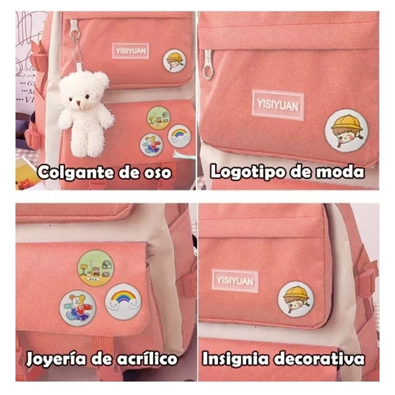 GENERICO - Set 5 Mochila Bolsas Escolar Estudiante Set Lona Tote Rosa