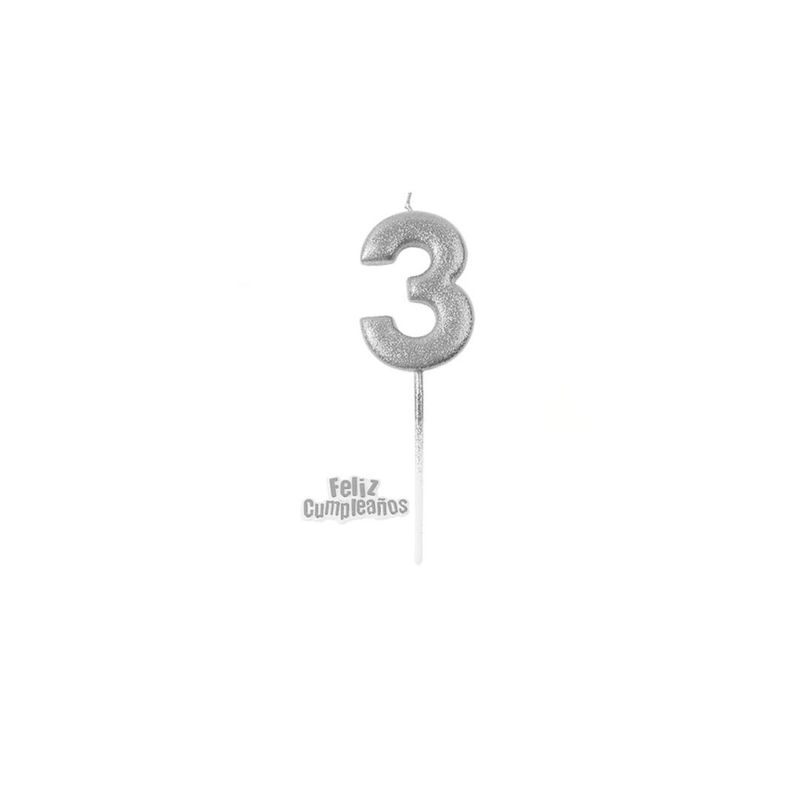 GENERICO - Vela De Numero 3 Plateada 13cm