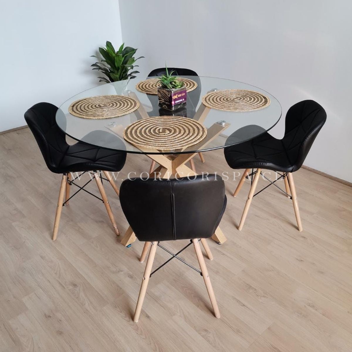 CORI CORI - Comedor Warwick 100cm +  4 Sillas Eames Mariposa Ecocuero Negras