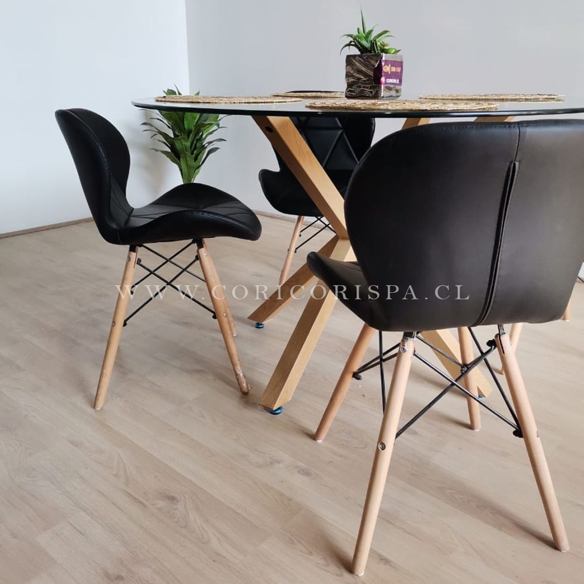 CORI CORI - Comedor Warwick 100cm +  4 Sillas Eames Mariposa Ecocuero Negras