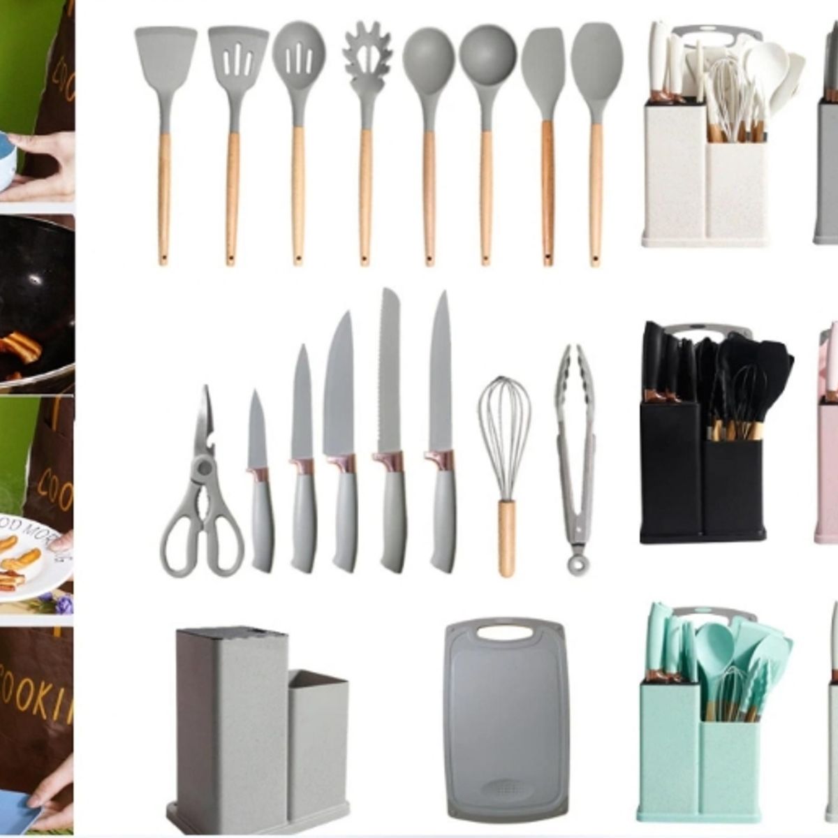 GENERICO - Utensilios De Cocina Con Soporte De Madera - Juego De 19 Pzs  Gris