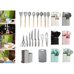 GENERICO - Utensilios De Cocina Con Soporte De Madera - Juego De 19 Pzs Gris