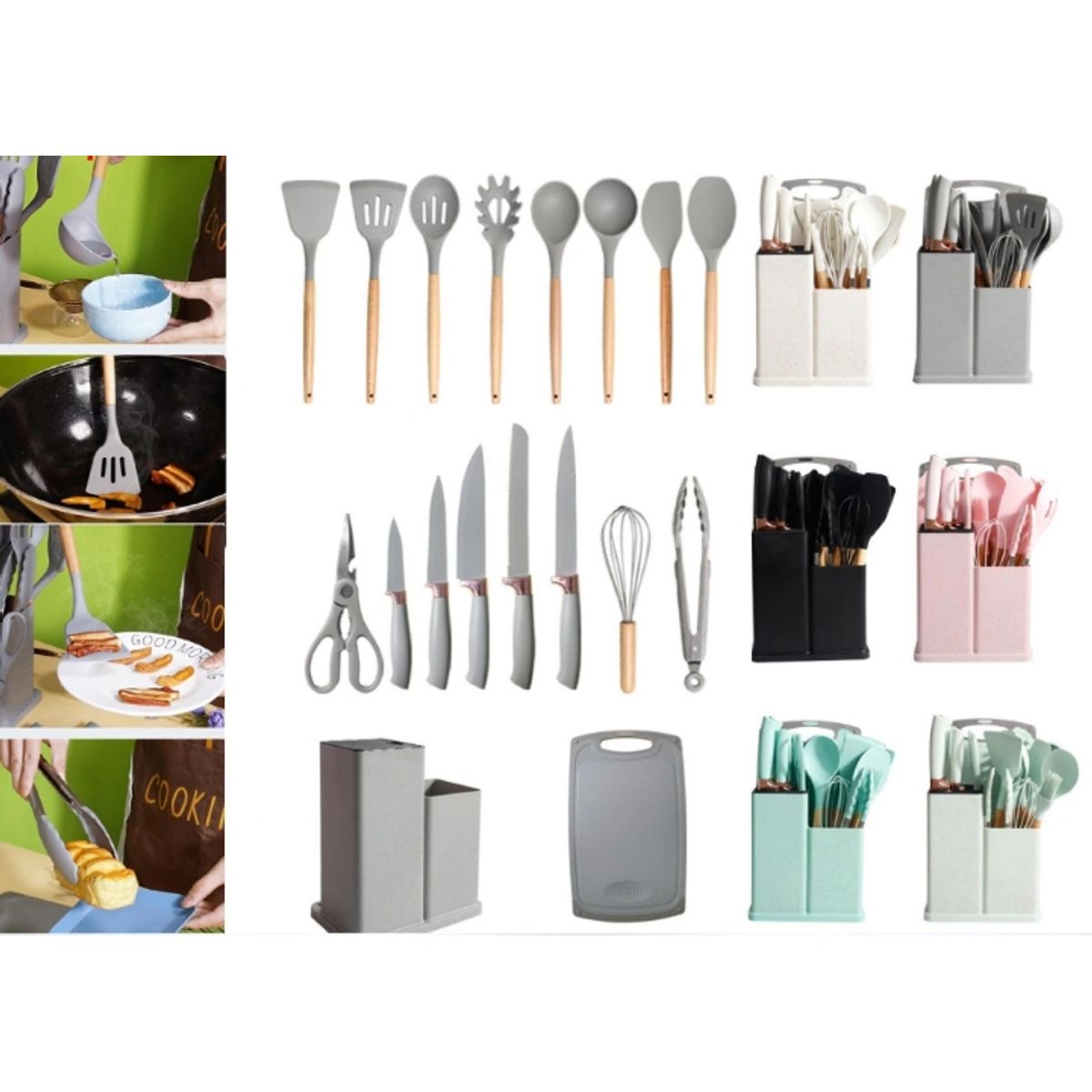 GENERICO - Utensilios De Cocina Con Soporte De Madera - Juego De 19 Pzs Negro