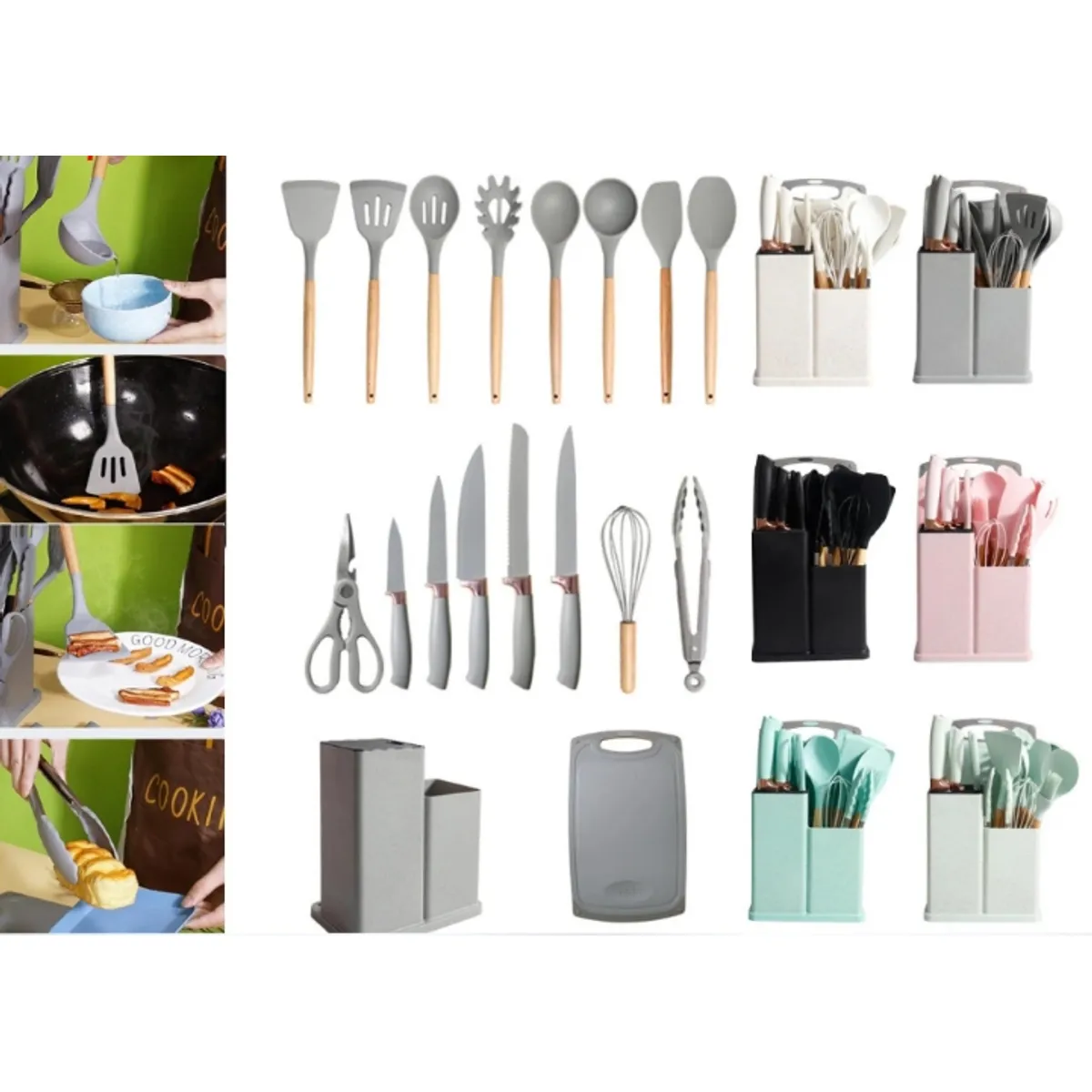 GENERICO - Utensilios De Cocina Con Soporte De Madera - Juego De 19 Pzs Verde