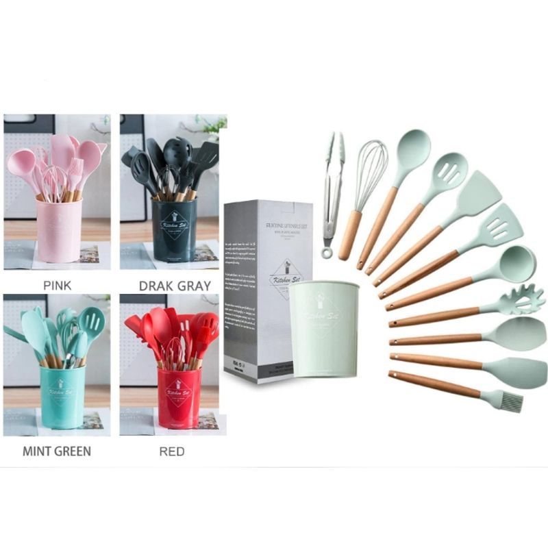 GENERICO - Utensilios De Cocina Con Soporte De Madera - Juego De 12 Pzs Rosado