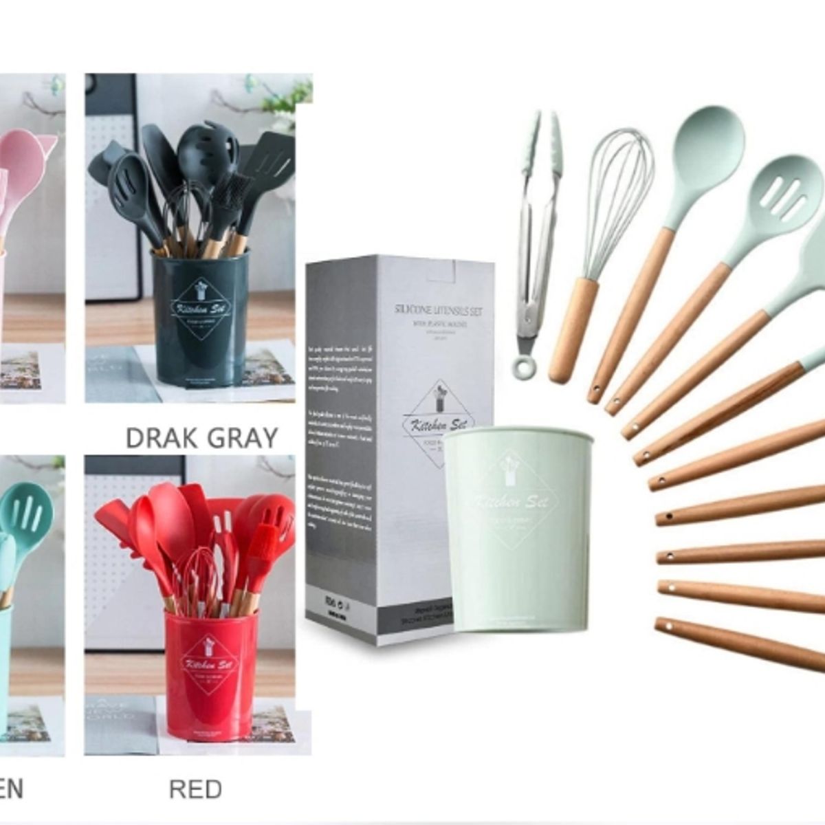 GENERICO - Utensilios De Cocina Con Soporte De Madera - Juego De 12 Pzs Rojo