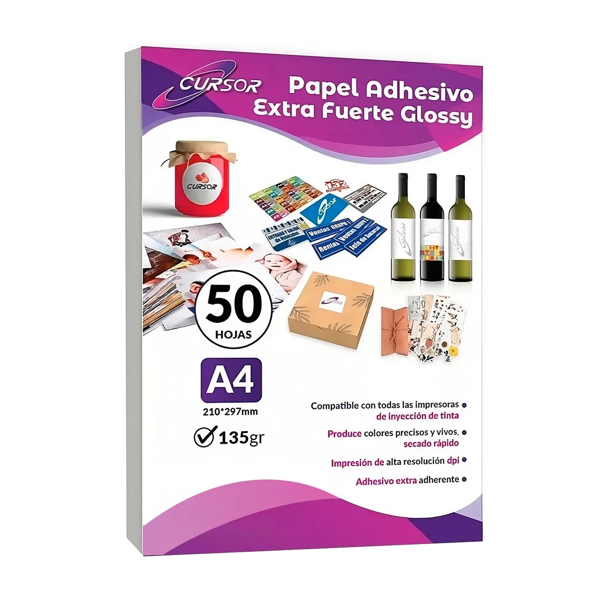 CURSOR - Papel Adhesivo Extrafuerte Glossy Brillante A4 135g - 50