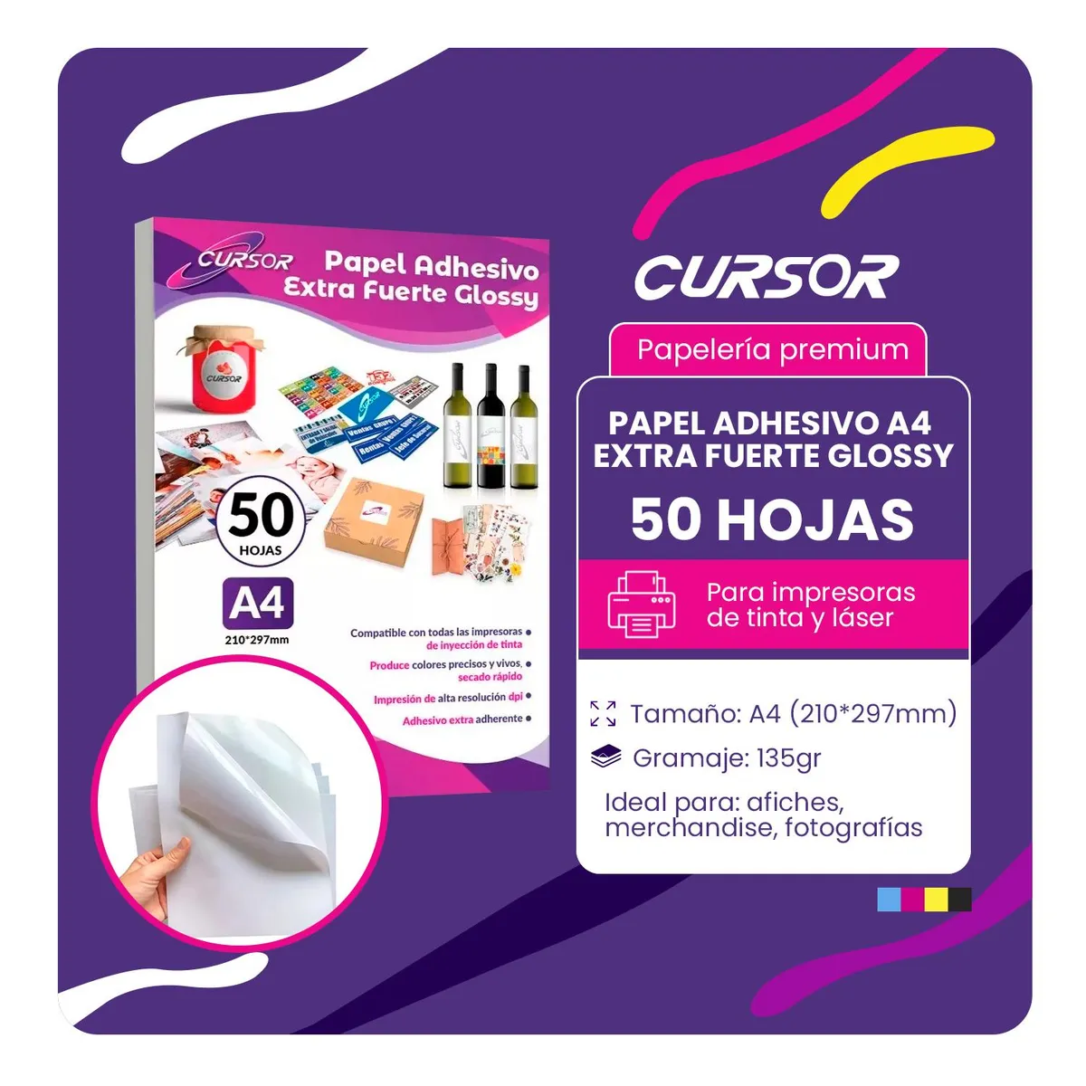 CURSOR - Papel Adhesivo Extrafuerte Glossy Brillante A4 135g - 50