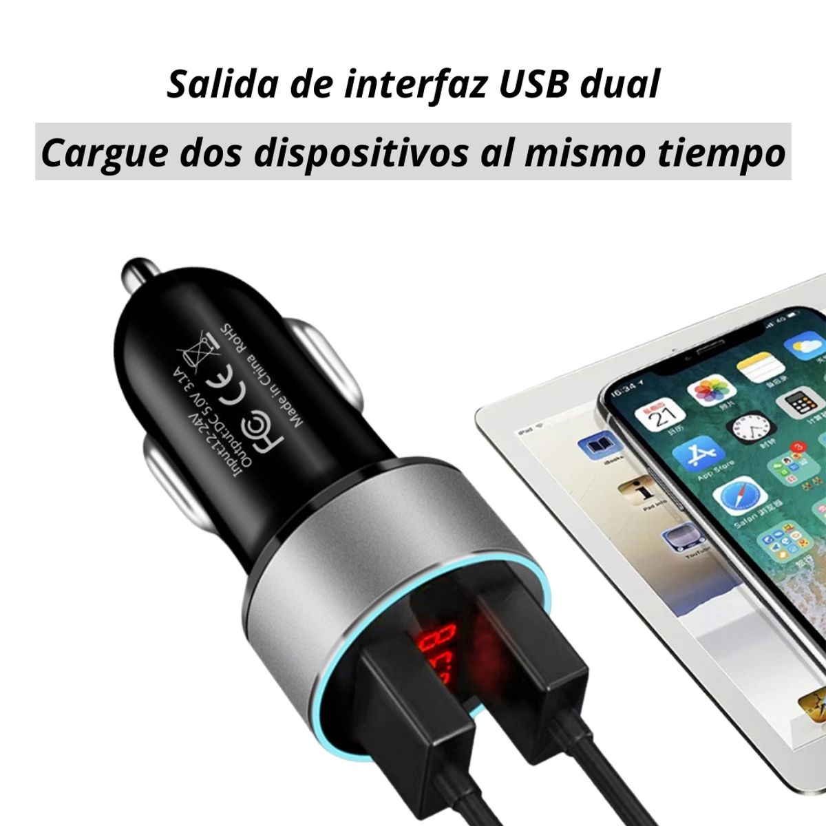 CRUSEC - Cargador Adaptador Automovil Usb Doble Entrada 12-24v 31a