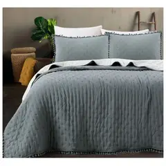 COMPRAPO - Cubrecama Quilt Algodón Pompones 2 Plazas + 2 Fundas Color Gris