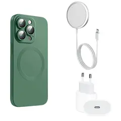 GENERICO - Carcasa Magsafe Protector Cámara Para iPhone 15 Pro + Cargador Verde