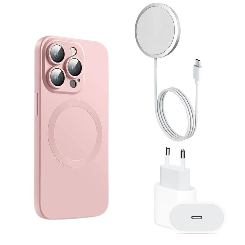 GENERICO - Carcasa Magsafe Protector Cámara iPhone 15 Pro + Cargador Rosa