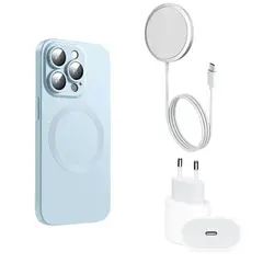 GENERICO - Carcasa Magsafe Protector Cámara iPhone 15 Pro + Cargador CELESTE