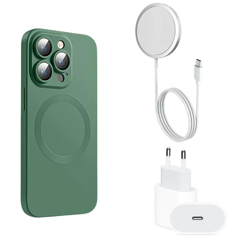 GENERICO - Carcasa Magsafe Protector Cámara iPhone 15 Pro Max Y Cargador VERDE