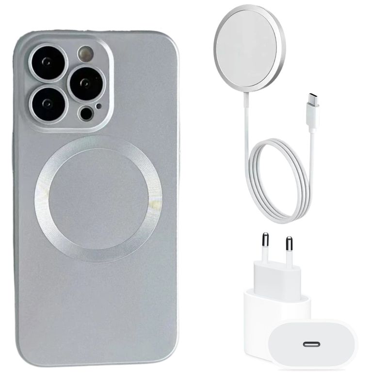 GENERICO - Carcasa Magsafe Protector Cámara iPhone 14 Pro + Cargador Gris