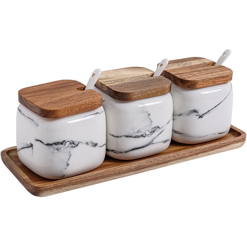 GENERICO - JUEGO 3 CONTENEDOR ESPECIERO CON TAPA Y BASE DE BAMBU - BLANCO
