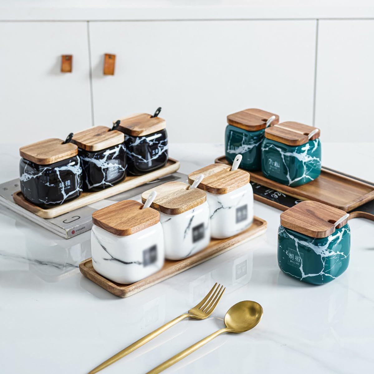 GENERICO - JUEGO 3 CONTENEDOR ESPECIERO CON TAPA Y BASE DE BAMBU - BLANCO