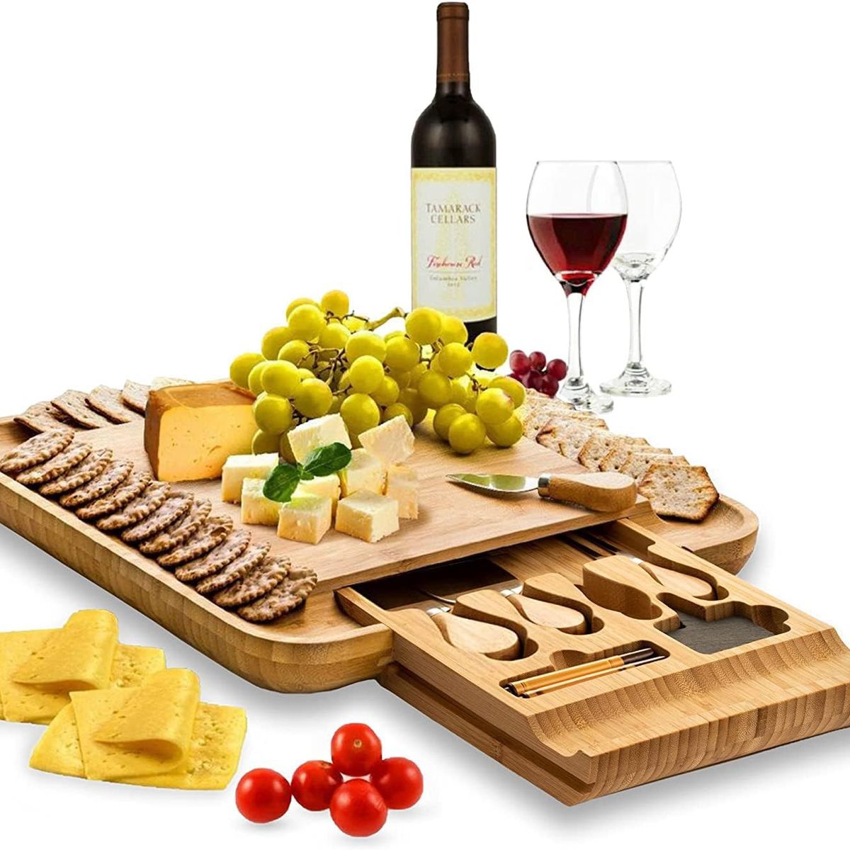 GENERICO - TABLA GRANDE PICOTEO BAMBU CON ACCESORIOS 3 BANDEJAS