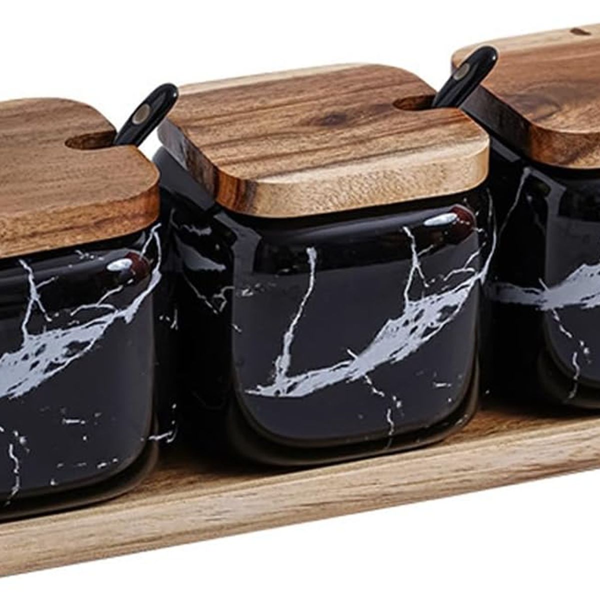 GENERICO - JUEGO 3 CONTENEDOR ESPECIERO CON TAPA Y BASE DE BAMBU - NEGRO