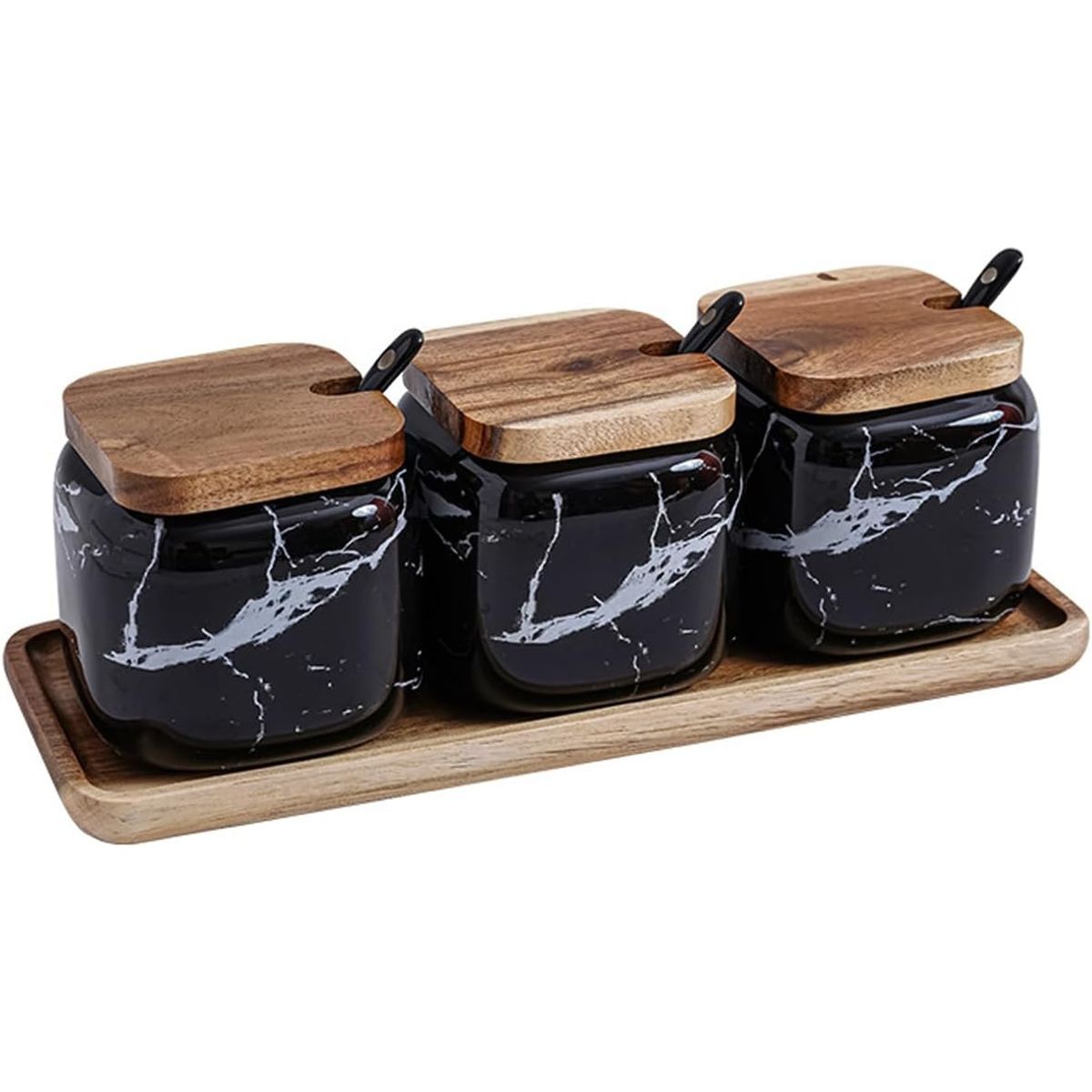 GENERICO - JUEGO 3 CONTENEDOR ESPECIERO CON TAPA Y BASE DE BAMBU - NEGRO