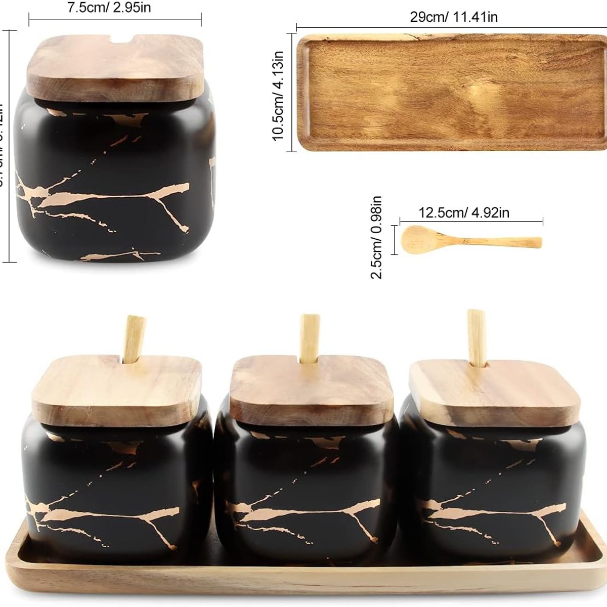 GENERICO - JUEGO 3 CONTENEDOR ESPECIERO CON TAPA Y BASE DE BAMBU - NEGRO