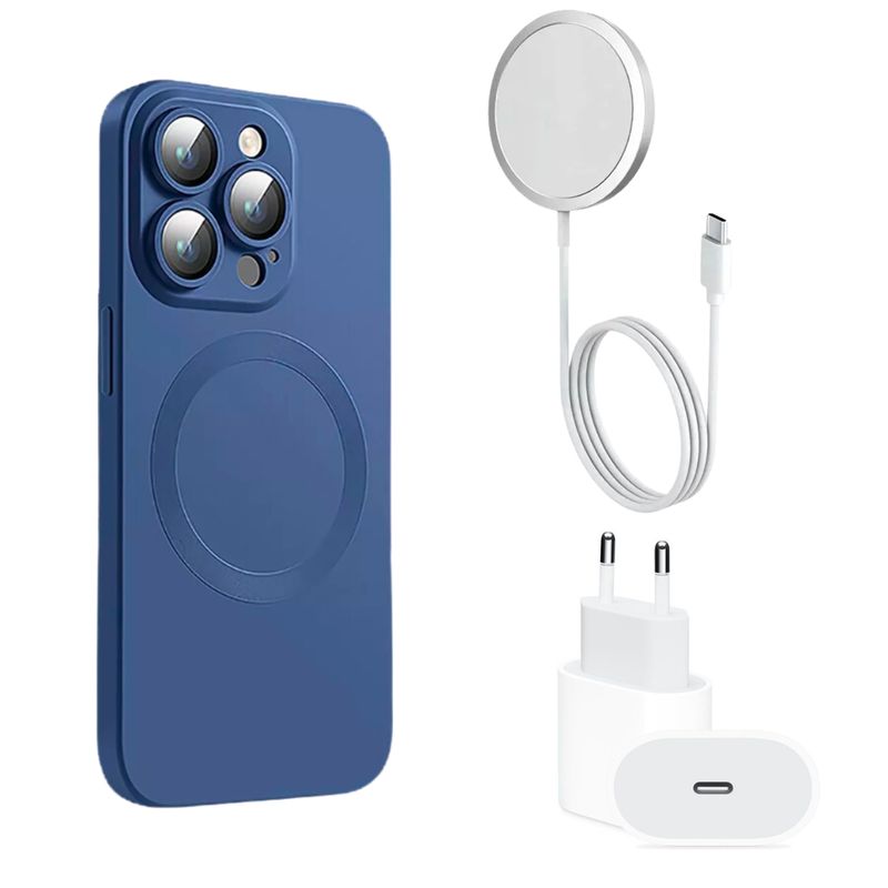 GENERICO - Carcasa Magsafe Protector Cámara iPhone 14 Pro + Cargador AZUL