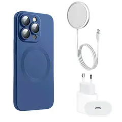 GENERICO - Carcasa Magsafe Protector Cámara iPhone 14 Pro + Cargador AZUL