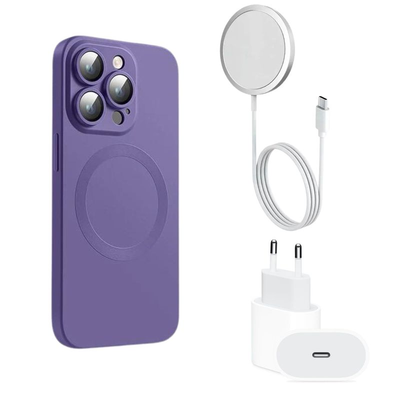 GENERICO - Carcasa Magsafe Protector Cámara iPhone 14 Pro + Cargador Violeta