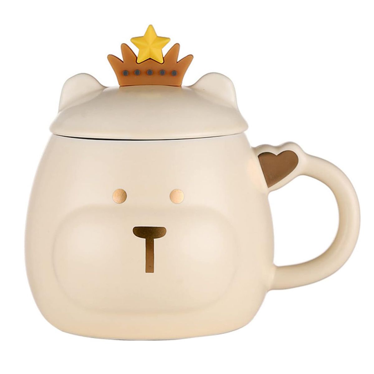 GENERICO - Taza Oso Corona Con Tapa Y Cuchara Tazón Mug Cup Regalo color Beige