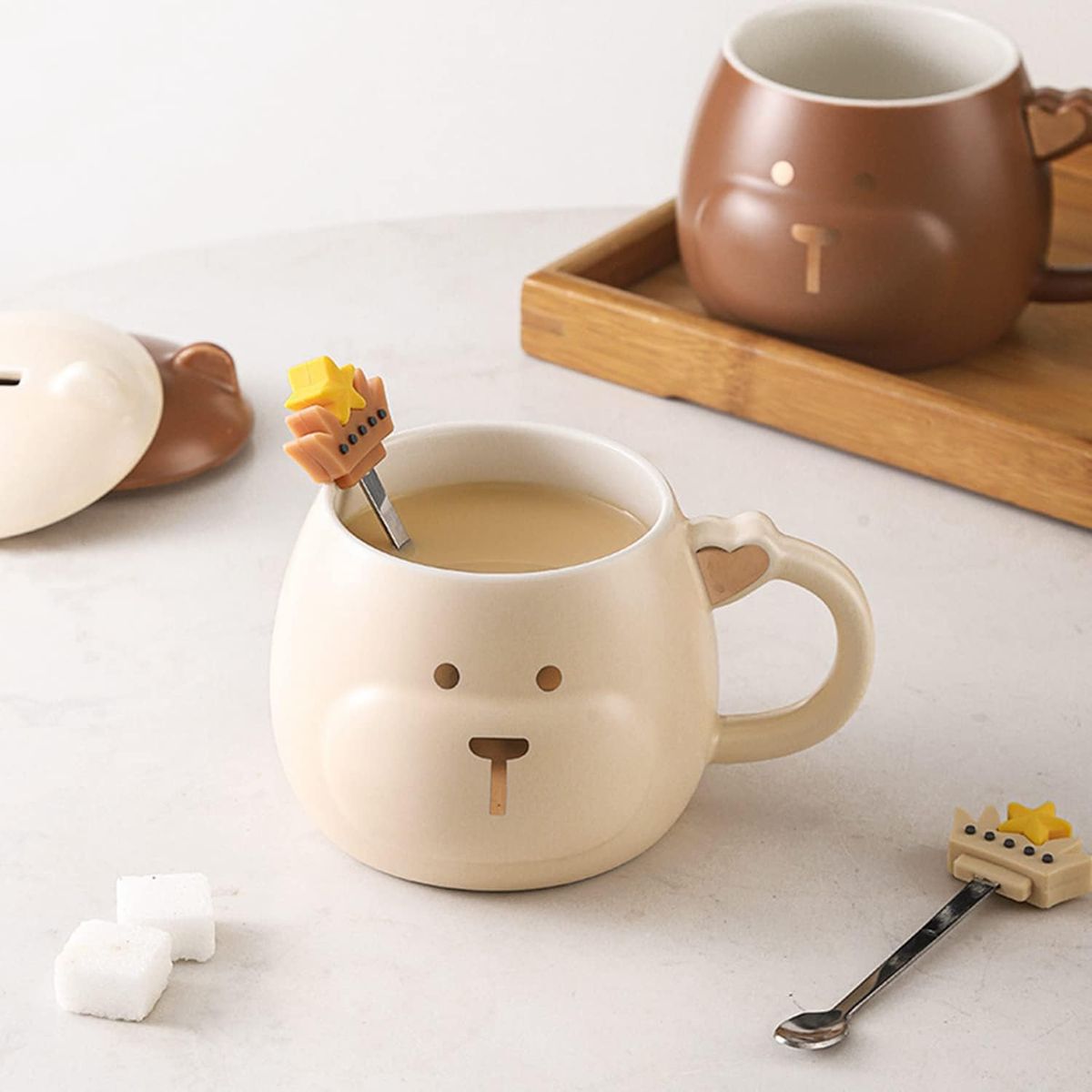 GENERICO - Taza Oso Corona Con Tapa Y Cuchara Tazón Mug Cup Regalo color Beige