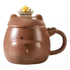 GENERICO - Taza Oso Corona Con Tapa Y Cuchara Tazón Mug Cup Regalo color Marrón