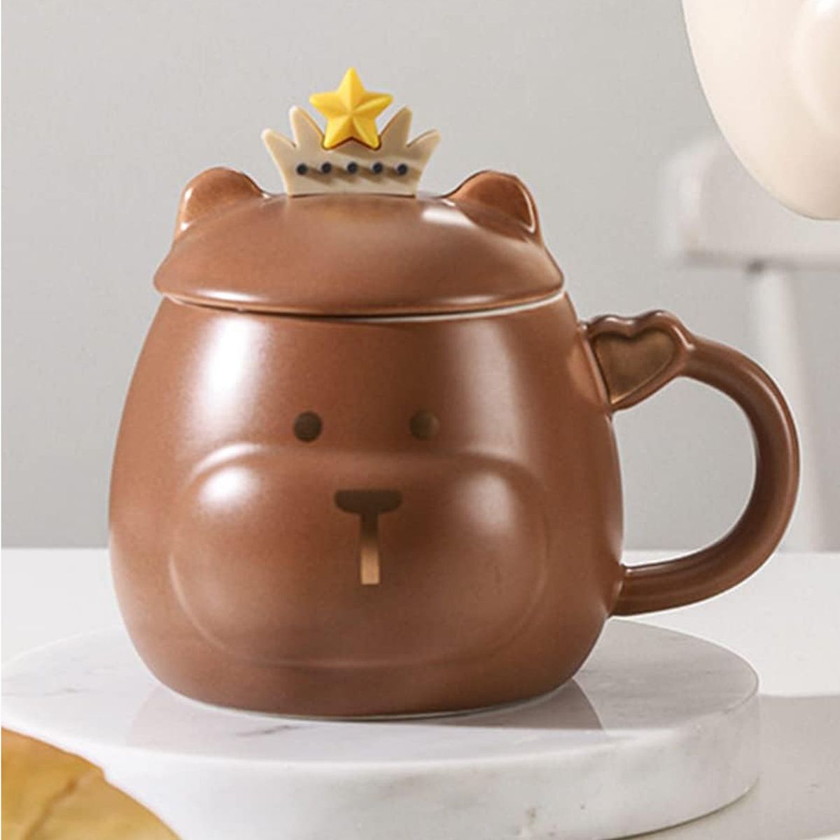 GENERICO - Taza Oso Corona Con Tapa Y Cuchara Tazón Mug Cup Regalo color Marrón