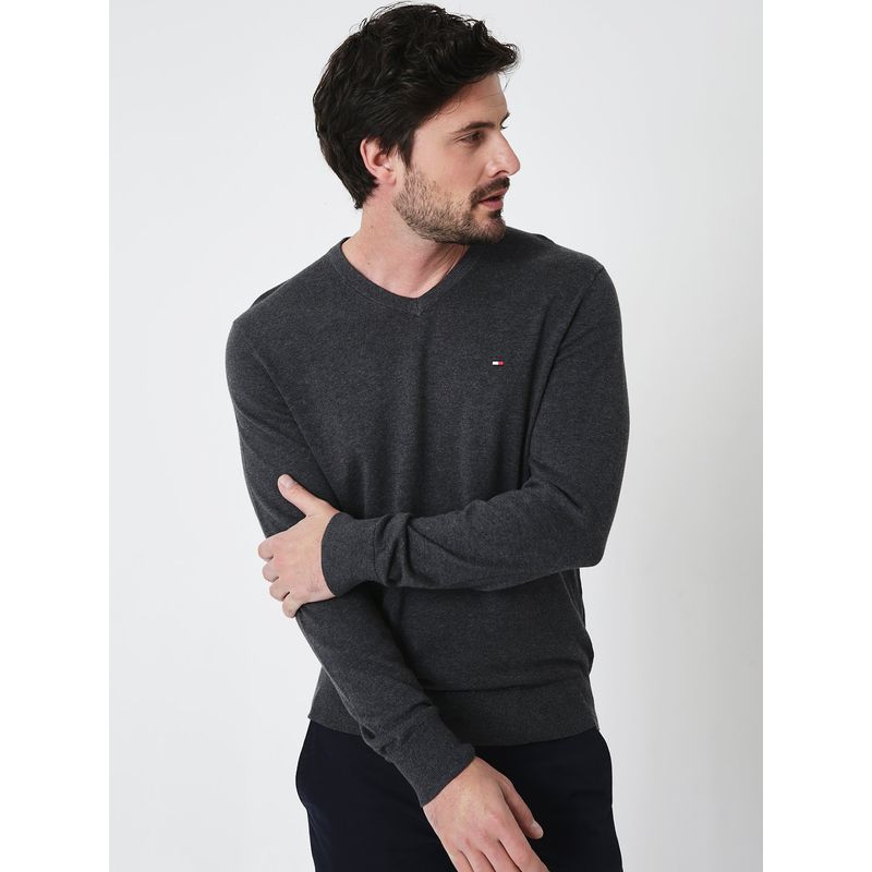TOMMY HILFIGER - Sweater Básico Signature V-Neck Gris Tommy Hilfiger