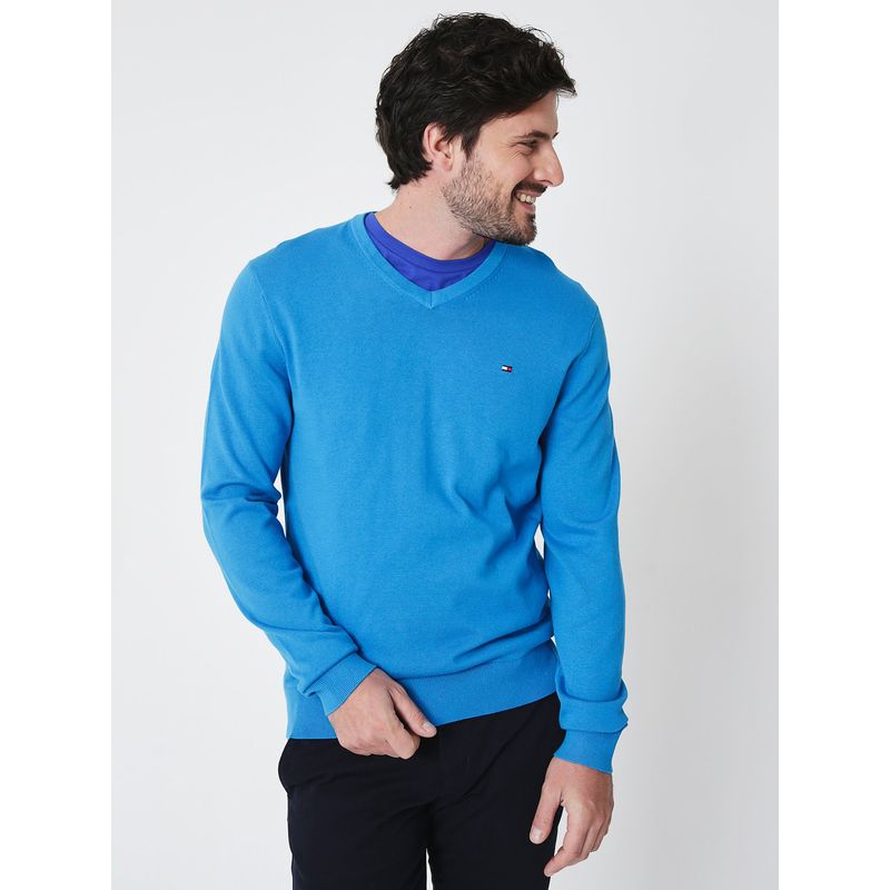 TOMMY HILFIGER - Sweater Básico Signature V-Neck Celeste Tommy Hilfiger