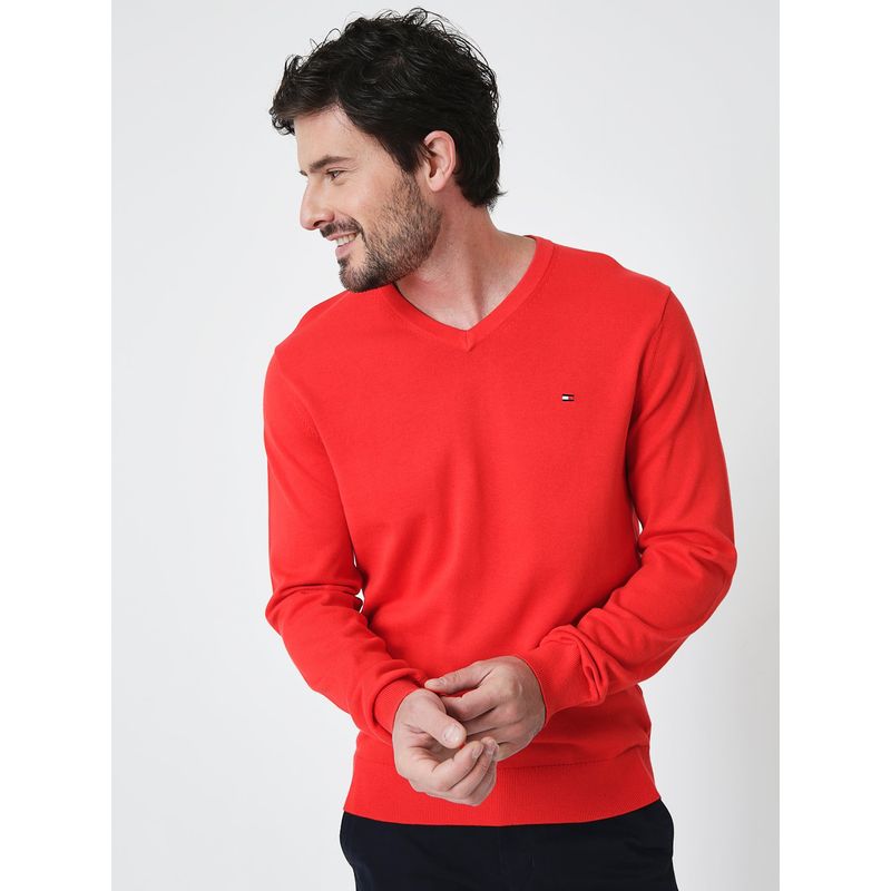 TOMMY HILFIGER - Sweater Básico Signature V-Neck Rojo Tommy Hilfiger