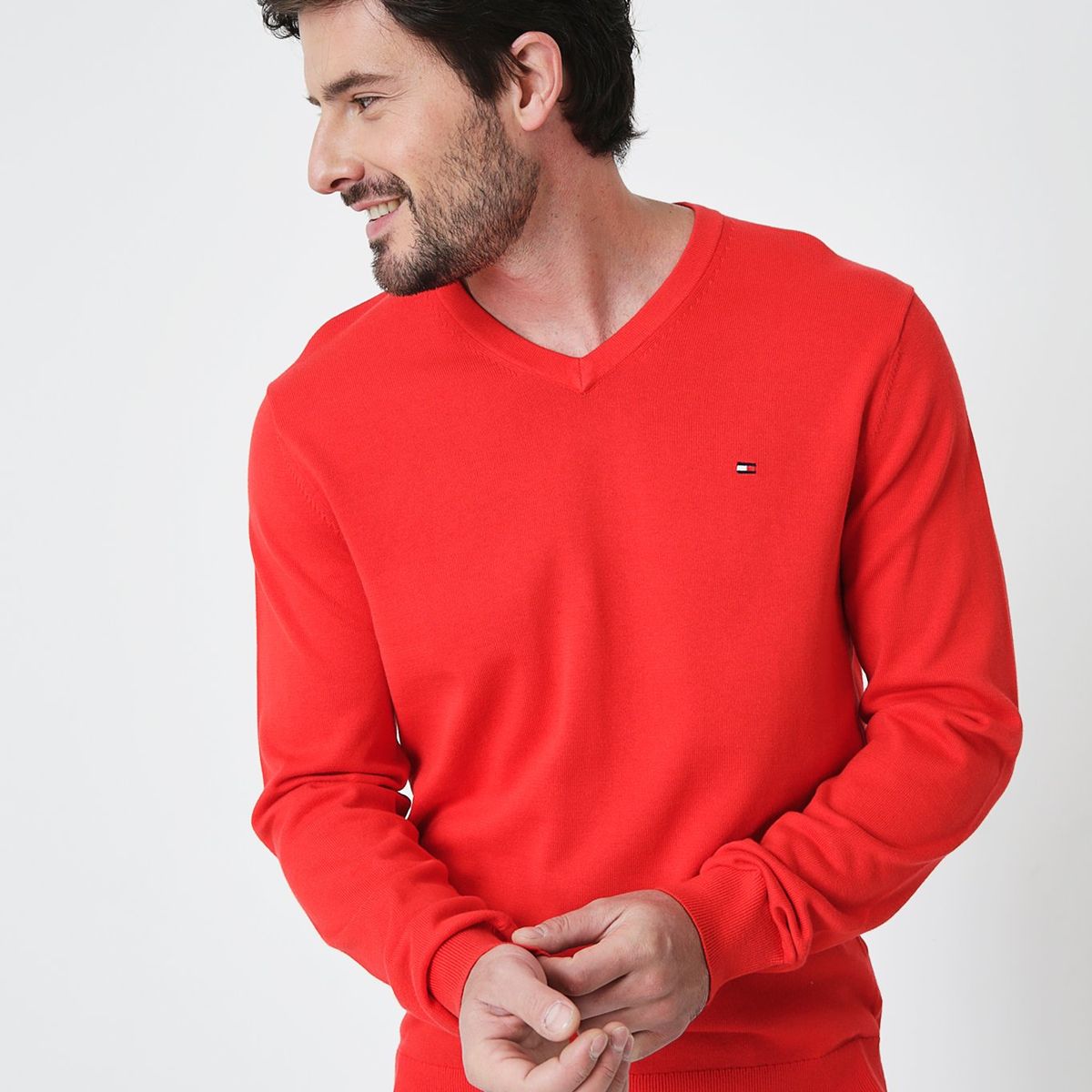 TOMMY HILFIGER - Sweater Básico Signature V-Neck Rojo Tommy Hilfiger