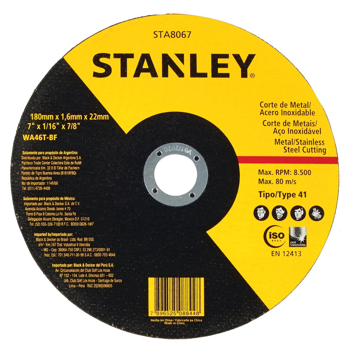 STANLEY - Disco corte metal/inox 7' eje 7/8' Stanley STA8067