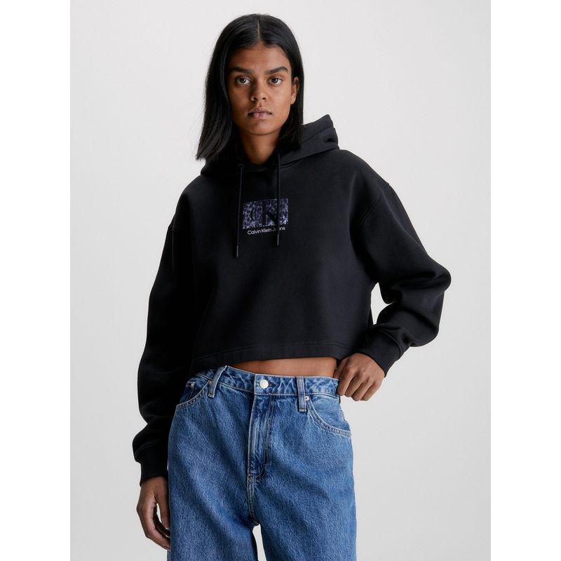 CALVIN KLEIN - Polerón con Gorro Cropped Oversized   Negro Calvin Klein