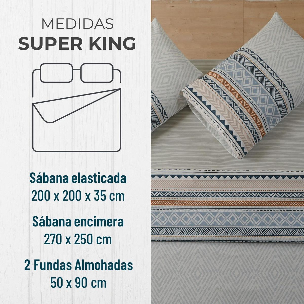 CASATUA - Juego Sabanas Estampadas +Funda Almohada - Gris - Super King