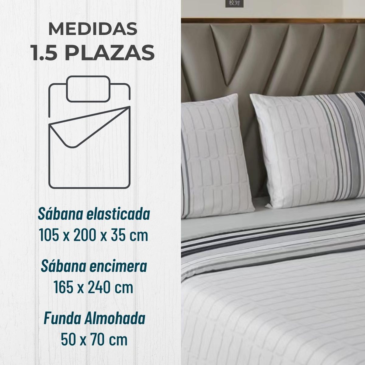 CASATUA - Juego Sabanas Estampadas +Funda Almohada - Gris - 1,5 Plazas