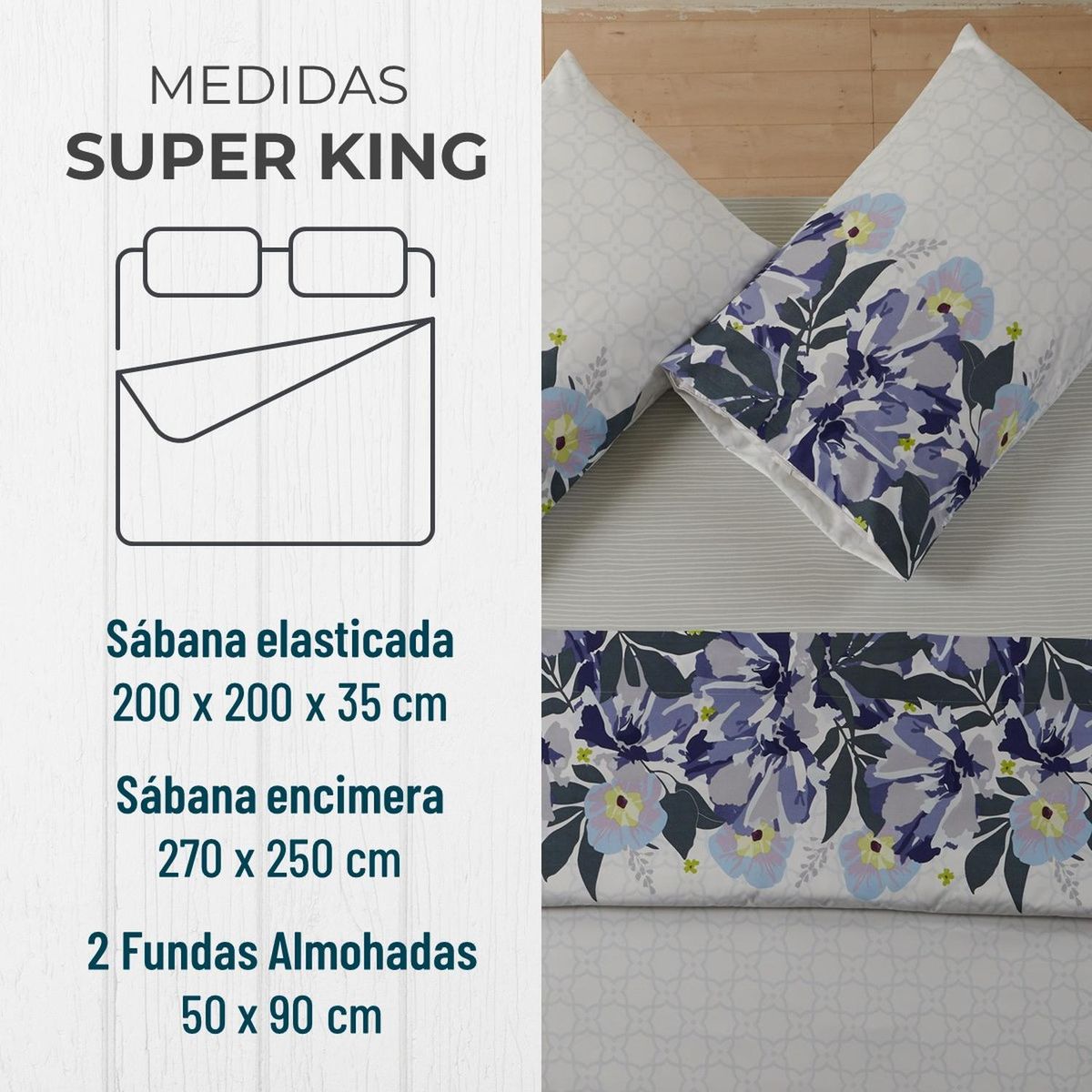 CASATUA - Juego Sabanas Estampadas +Funda Almohada - Azul - Super King