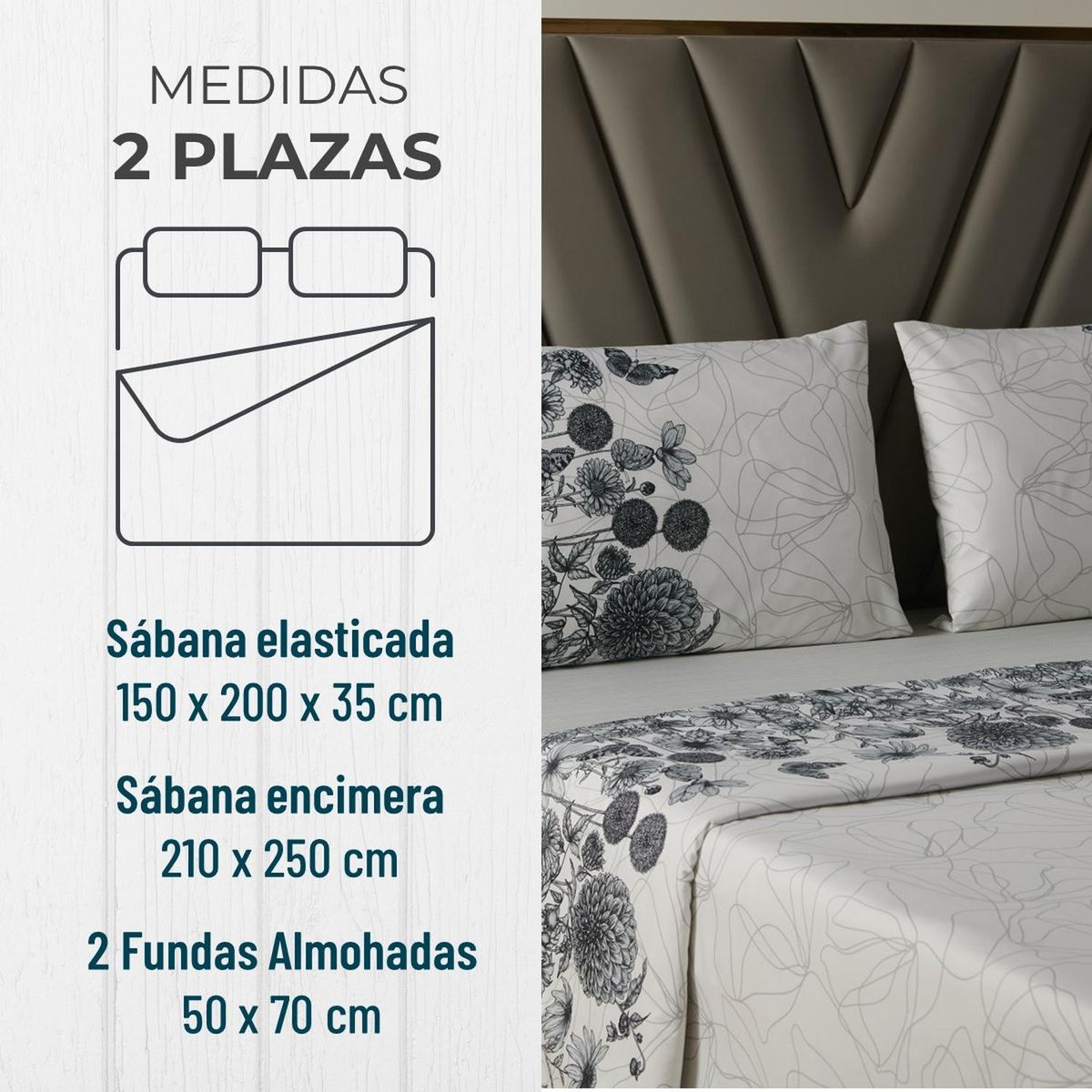 CASATUA - Juego Sabanas Estampadas +Funda Almohada - Gris - 2 Plazas