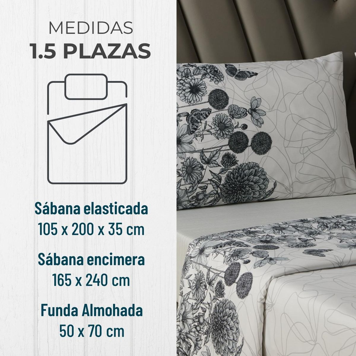 CASATUA - Juego Sabanas Estampadas +Funda Almohada - Gris - 1,5 Plazas