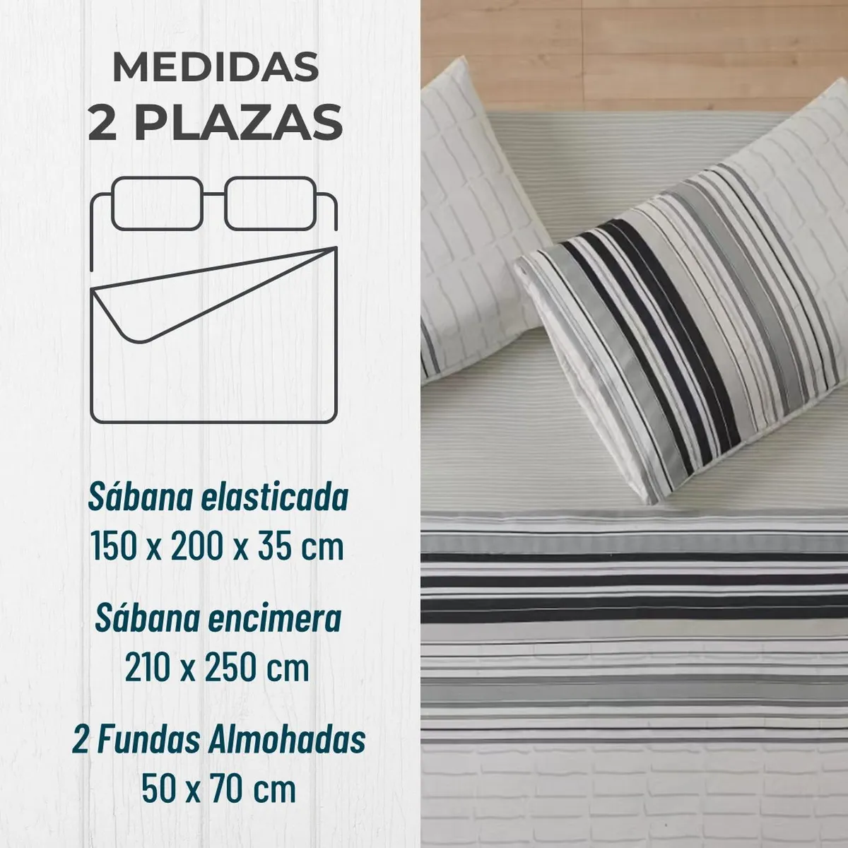 CASATUA - Juego Sabanas Estampadas +Funda Almohada - Gris - 2 Plazas