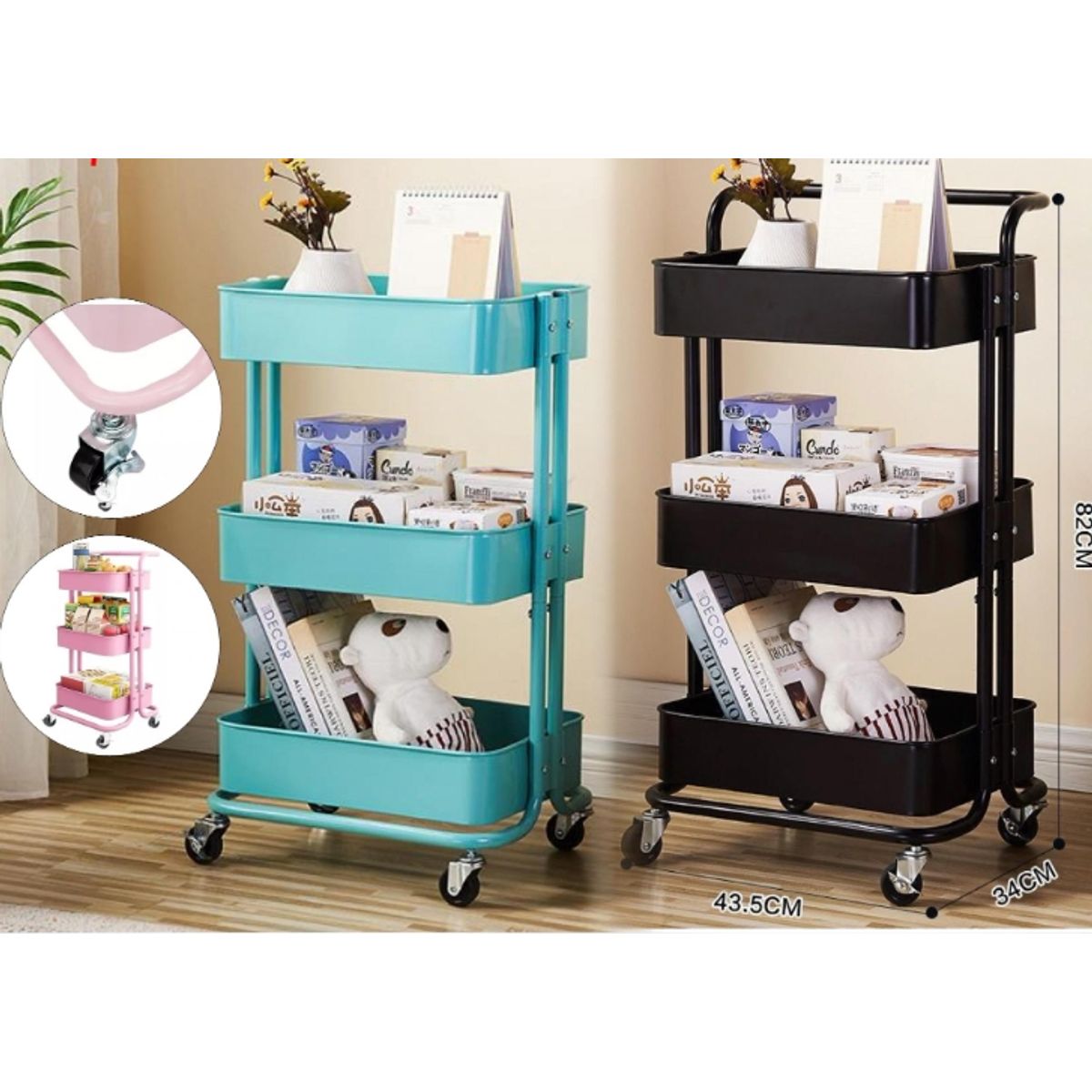 GENERICO - Carrito Organizador Multiuso Con Ruedas De Cocina 3 Niveles Rosado