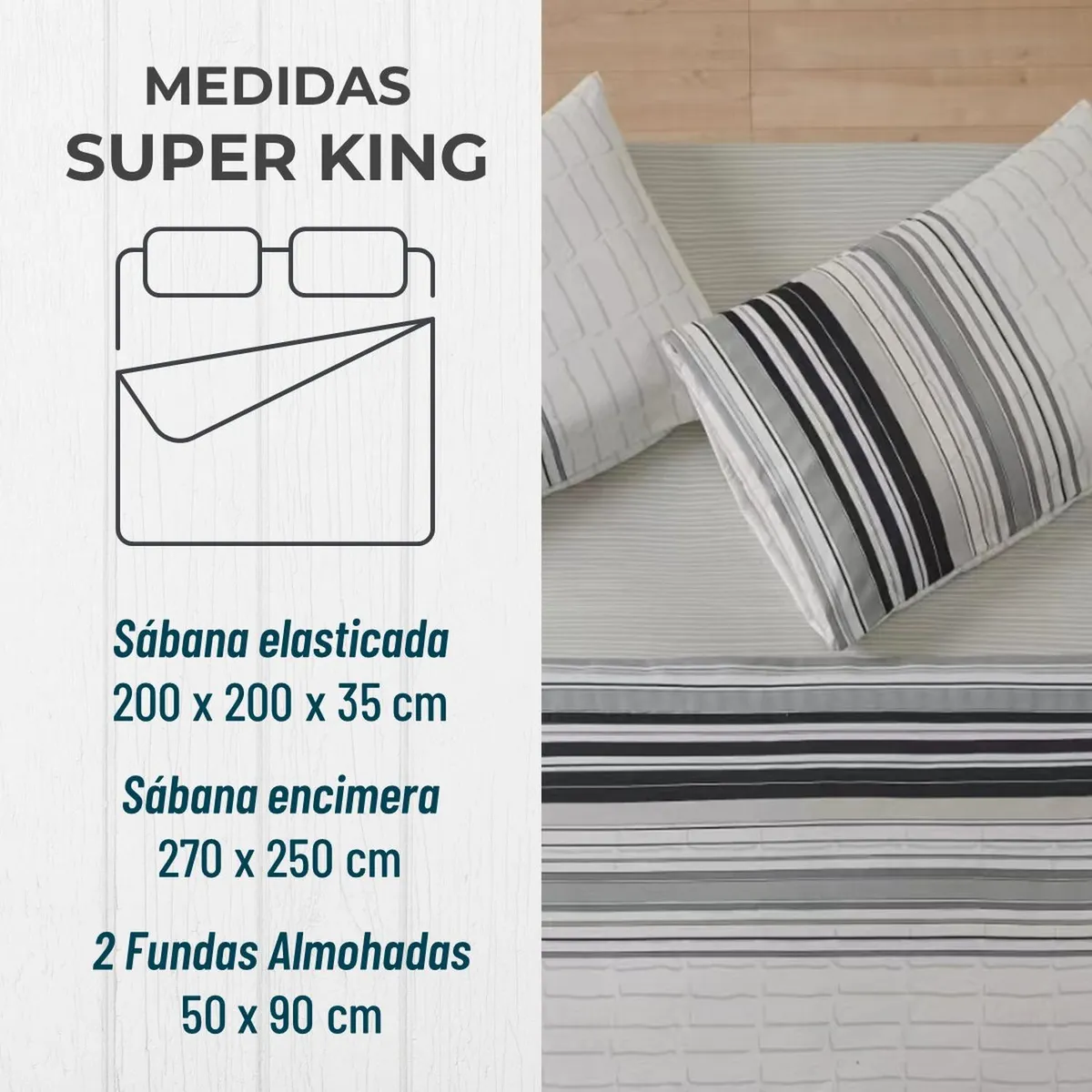 CASATUA - Juego Sabanas Estampadas +Funda Almohada - Gris - Super King