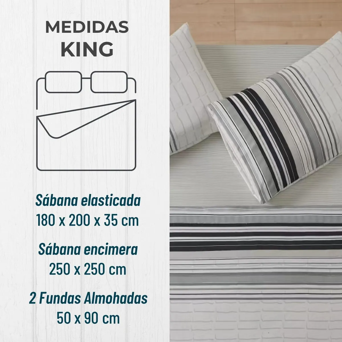 CASATUA - Juego Sabanas Estampadas +Funda Almohada - Gris - King
