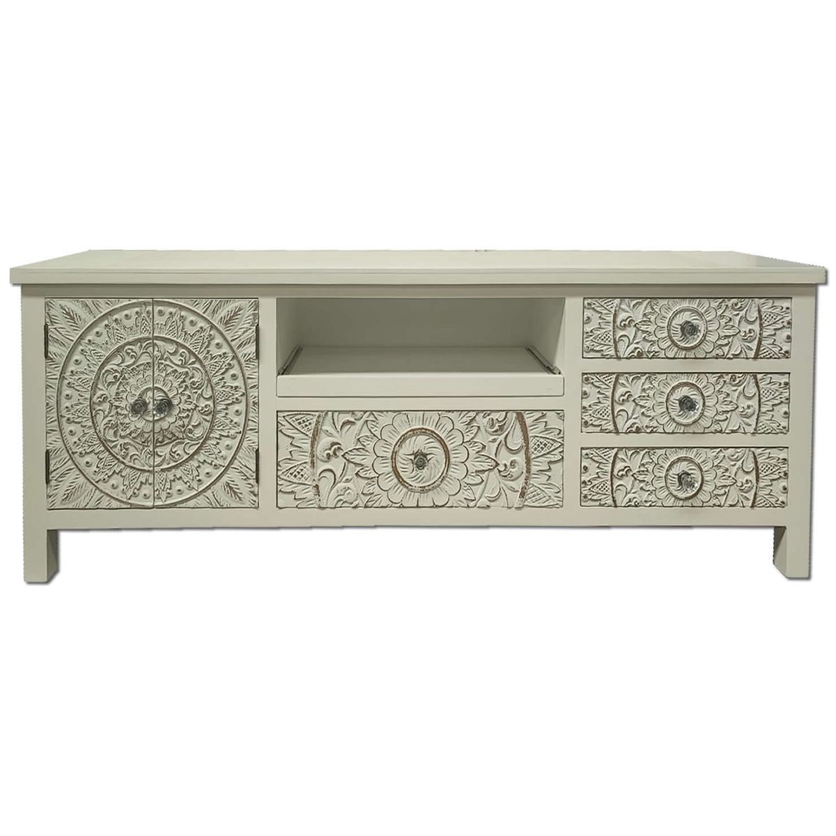 ECOMUSO - Rack TV tallado blanco Ecomuso 4 Cajones 2 puertas y Bandeja 19AF014