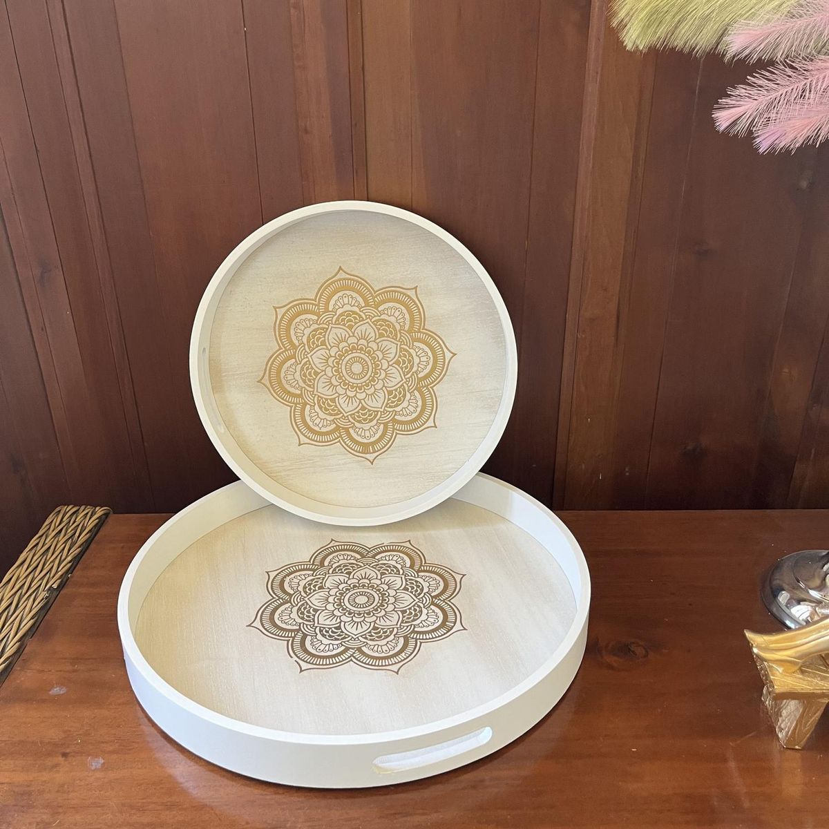 GENERICO - Set de Bandejas Blancas Circulares con Mandala Café