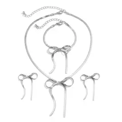 GENERICO - Set Completo Collar Pulsera Aros De Lazo Coquette Acero